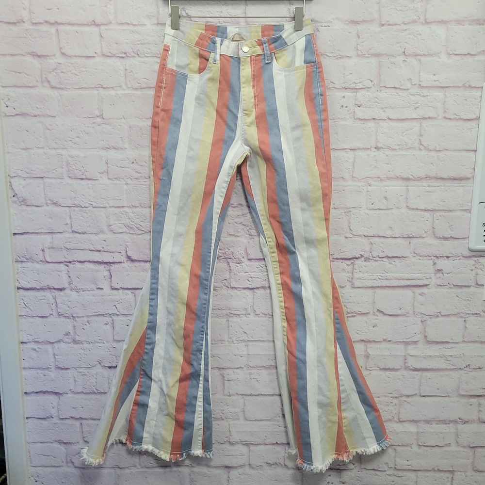 Saints & Hearts Pastel Striped Flare Jeans M Raw Hem Retro Festival Indie *FLAW